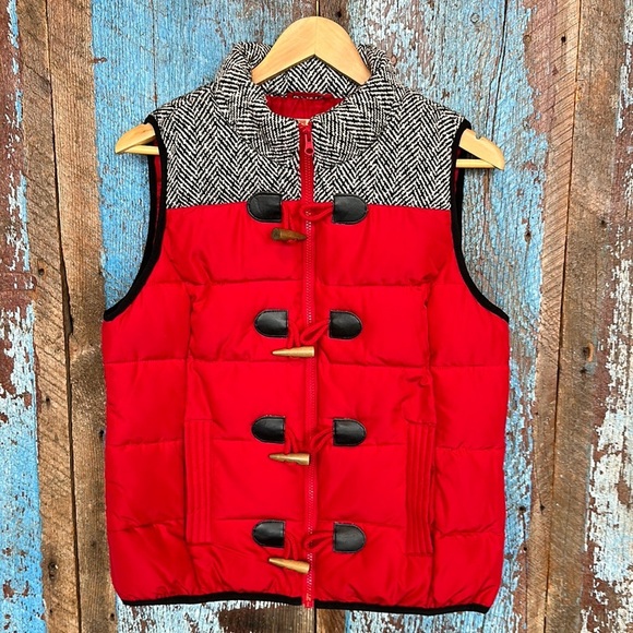 Ruff Hewn Puffer Vest Red Herringbone Trim Women's Size Petite Large - Picture 1 of 4